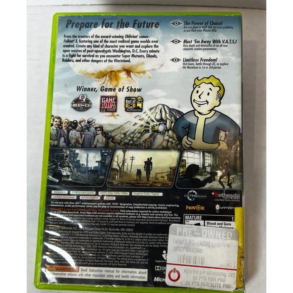 Fallout 3 Microsoft Xbox 360 Bethesda RPG Video Game 2008 Action Adventure